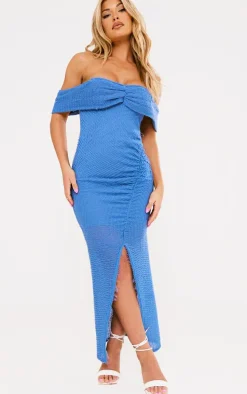 Blue Textured Bardot Asymmetric Ruched Midaxi Dress