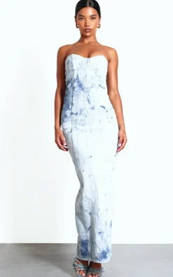 Blue Tie Dye Print Bustier Denim Maxi Dress