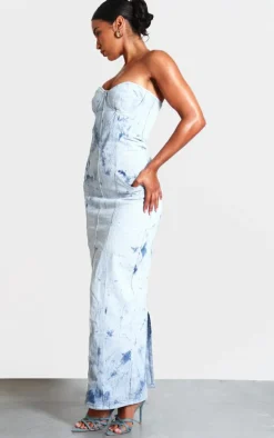 Blue Tie Dye Print Bustier Denim Maxi Dress