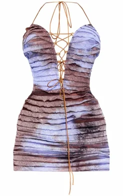Blue Tie Dye Texture Frill Detail Cut Out Mini Dress