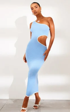 Blue Towel Knit Cut Out One Sleeve Midaxi Dress
