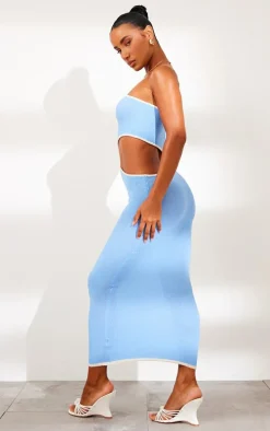 Blue Towel Knit Cut Out One Sleeve Midaxi Dress