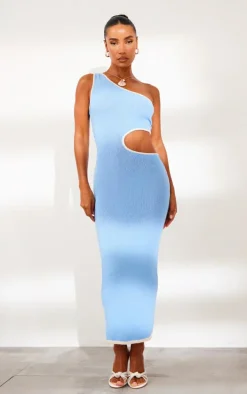 Blue Towel Knit Cut Out One Sleeve Midaxi Dress