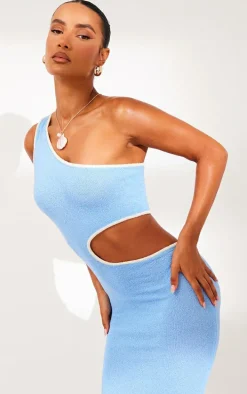 Blue Towel Knit Cut Out One Sleeve Midaxi Dress