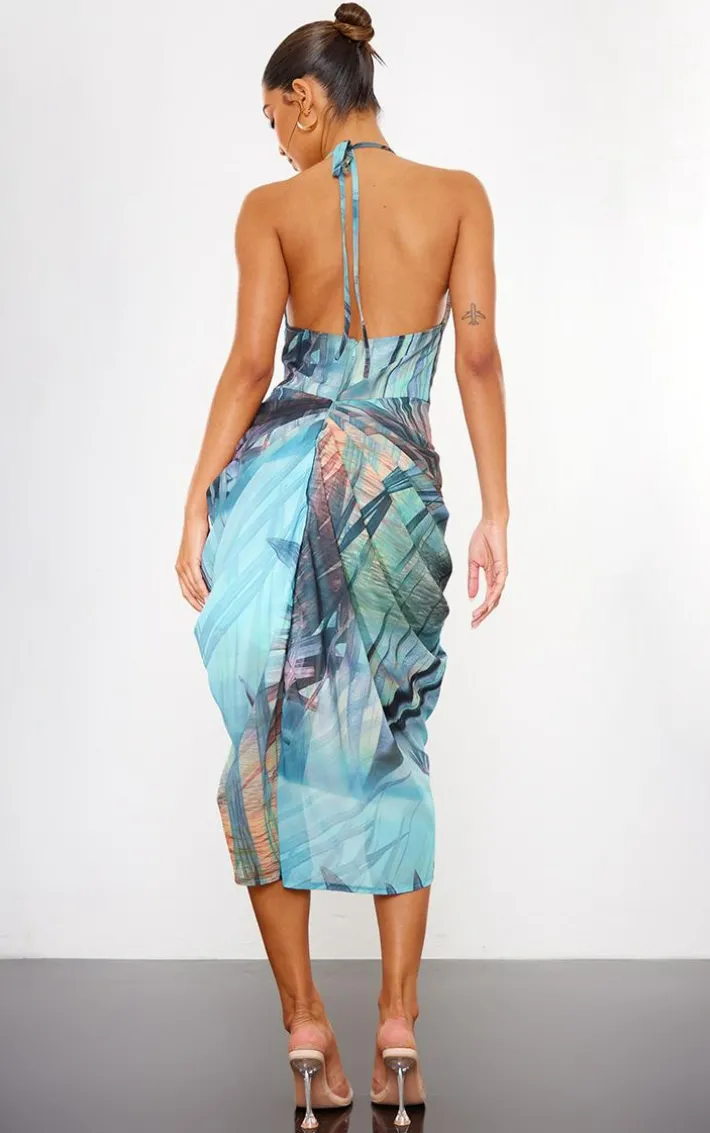 Blue Tropical Print Halterneck Cowl Drape Midaxi Dress