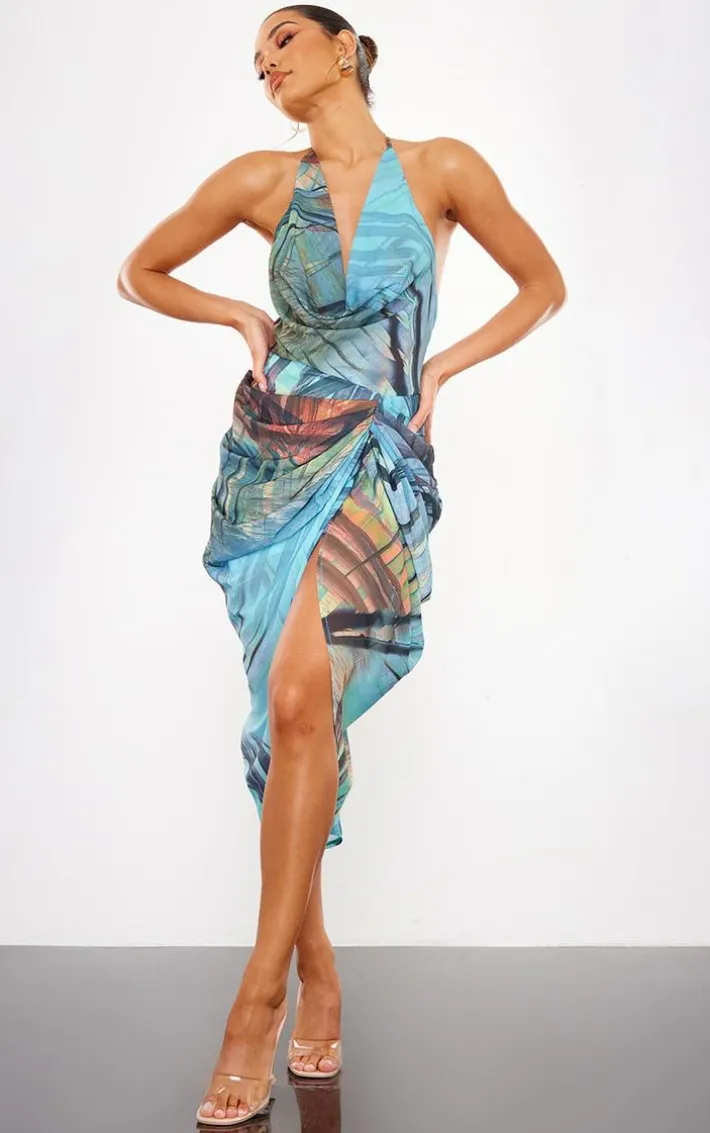 Blue Tropical Print Halterneck Cowl Drape Midaxi Dress
