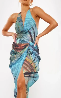 Blue Tropical Print Halterneck Cowl Drape Midaxi Dress