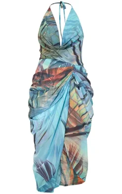 Blue Tropical Print Halterneck Cowl Drape Midaxi Dress