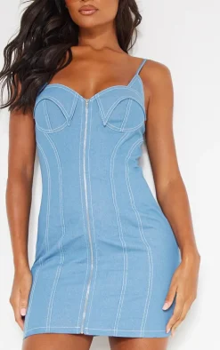 Blue Twill Contrast Stitch Strappy Bodycon Dress