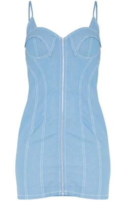 Blue Twill Contrast Stitch Strappy Bodycon Dress