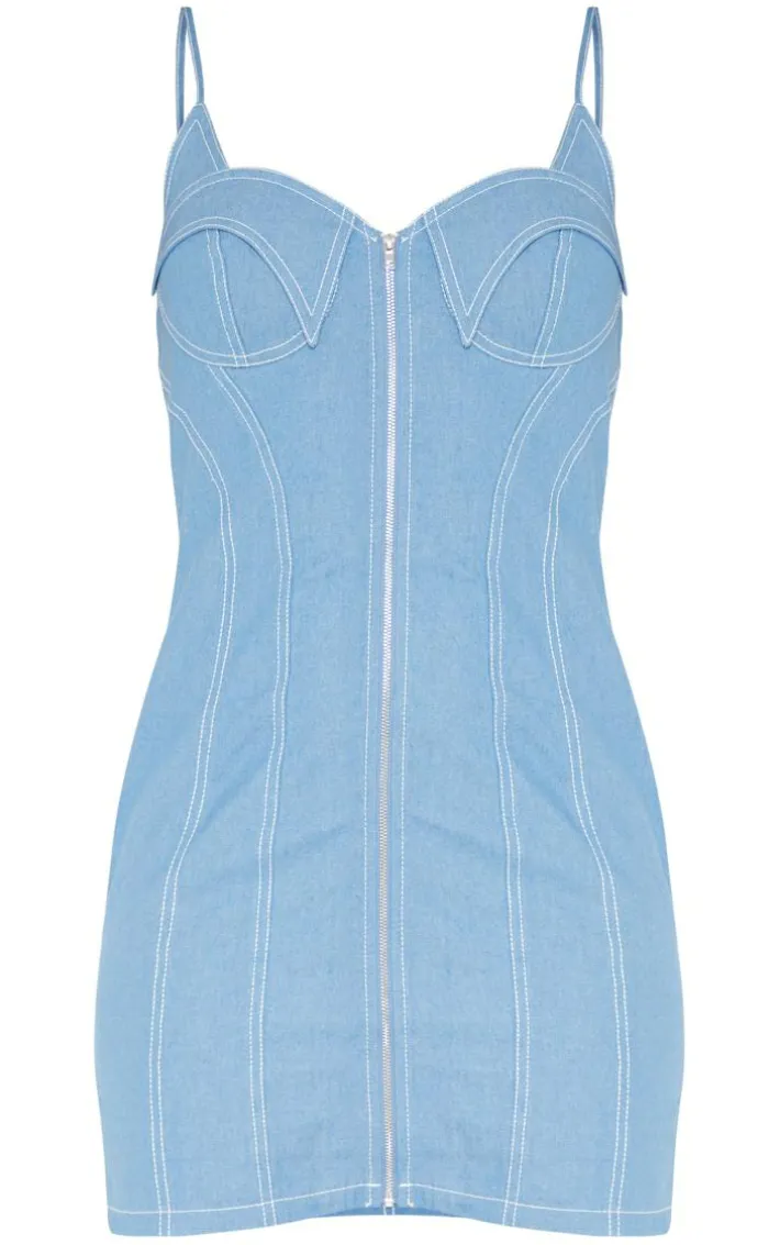 Blue Twill Contrast Stitch Strappy Bodycon Dress