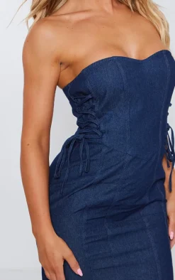 Blue Twill Lace Up Bandeau Bodycon Dress