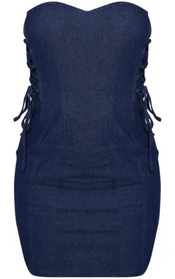 Blue Twill Lace Up Bandeau Bodycon Dress