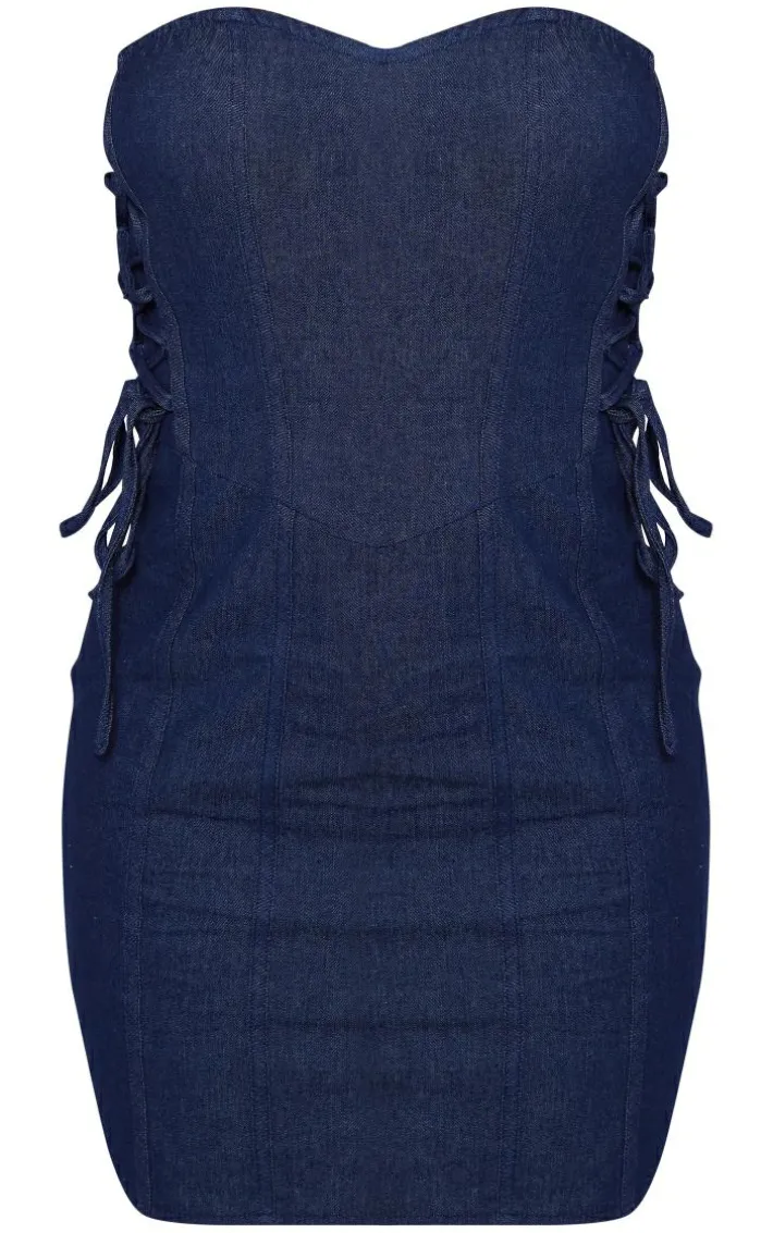 Blue Twill Lace Up Bandeau Bodycon Dress