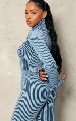 Blue Two Tone Chunky Rib Knit Underbust Detail Cropped Half Zip