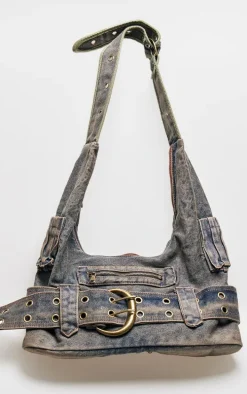 Blue Washed Denim Buckle Detail Tote Bag