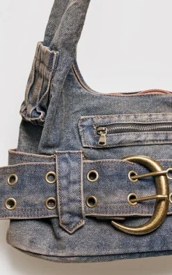 Blue Washed Denim Buckle Detail Tote Bag