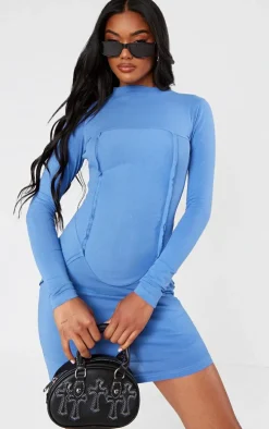 Blue Washed Rib Detail Long Sleeve Bodycon Dress