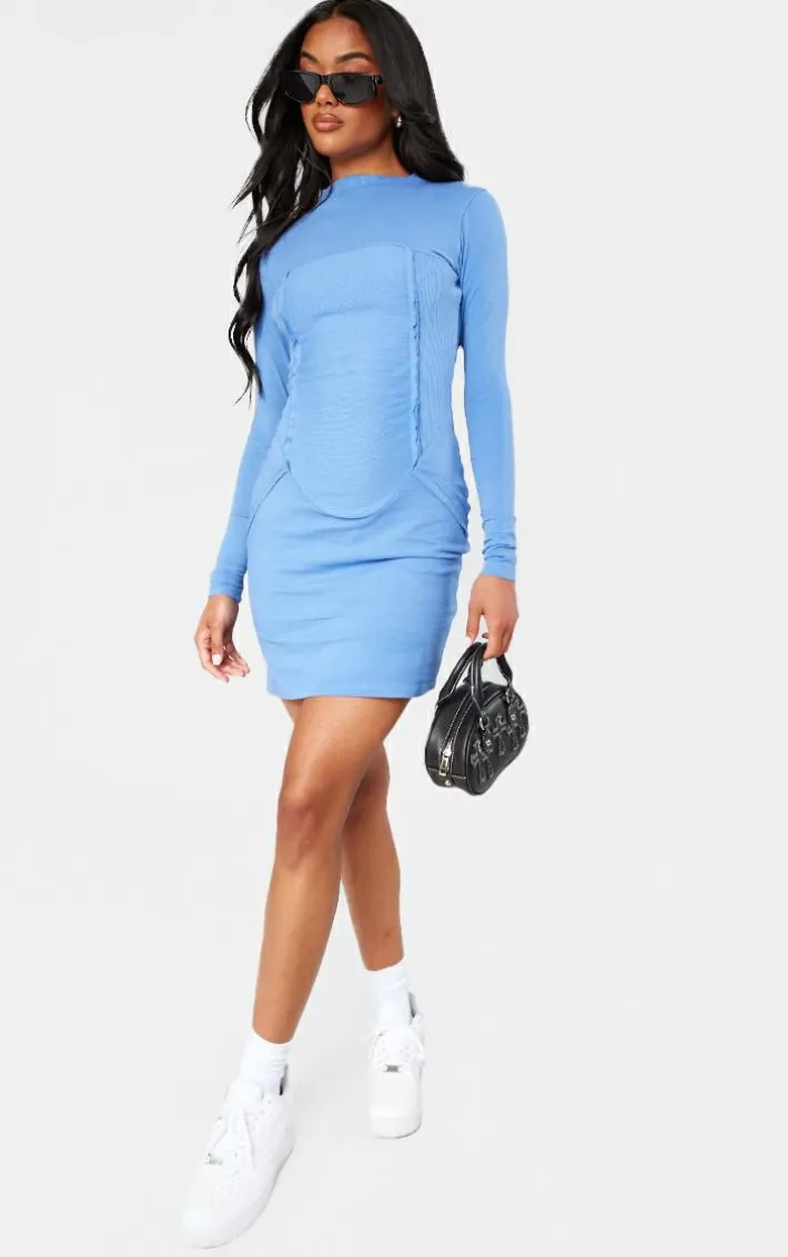 Blue Washed Rib Detail Long Sleeve Bodycon Dress