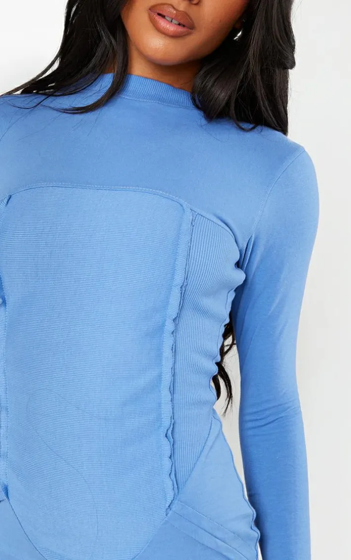 Blue Washed Rib Detail Long Sleeve Bodycon Dress