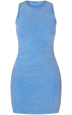 Blue Washed Rib Distressed Detail Bodycon Dress
