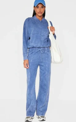Blue Washed Seam Detail Wide Leg Sweatpants