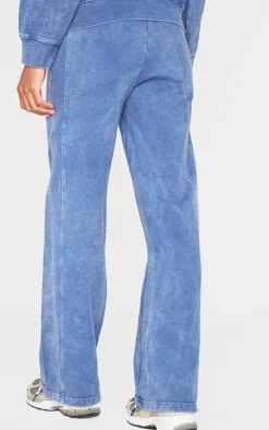 Blue Washed Seam Detail Wide Leg Sweatpants