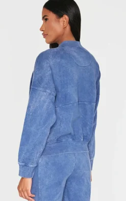 Blue Washed Seam Detail Zip Up Bomber Style Sweatshirt