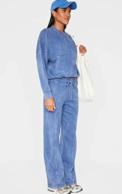 Blue Washed Seam Detail Zip Up Bomber Style Sweatshirt