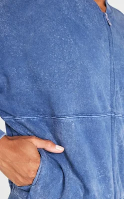 Blue Washed Seam Detail Zip Up Bomber Style Sweatshirt