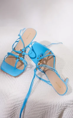 Blue Wide Fit PU Chain Detail Toe Thong Lace Up High Heeled Sandals