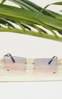 Blue With Pink Faded Lens Square Frameless Sunglasses