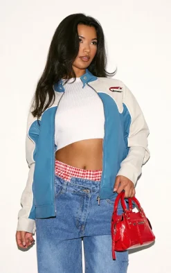 Blue Worn Faux Leather Contrast Panel Oversized Jacket