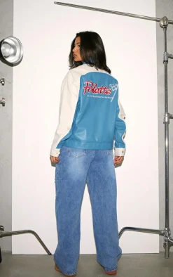 Blue Worn Faux Leather Contrast Panel Oversized Jacket