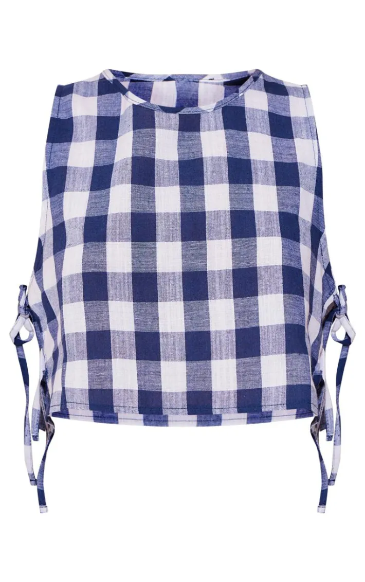 Blue Woven Check Tie Side Cropped Top