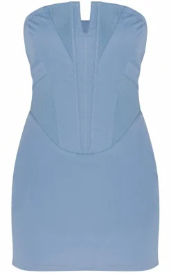 Blue Woven Utility V Bar Bandeau Bodycon Dress