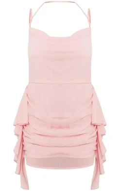 Blush Chiffon Cowl Frill Detail Halter Tie Shift Dress