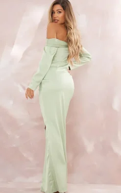 Bridesmaid Sage Green Long Sleeve Bardot Split Maxi Dress