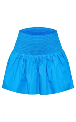 Bright Blue Cotton Poplin Shirred Waist Mini Skirt