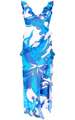 Bright Blue Floral Asymmetric Frill Split Maxi Dress
