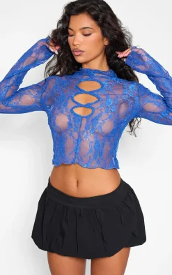 Bright Blue Lace Cut Out Long Sleeve Crop Top