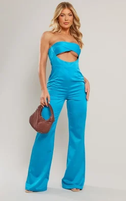 Bright Blue Satin Bandeau Cut Out Wide Leg Jumpsuit