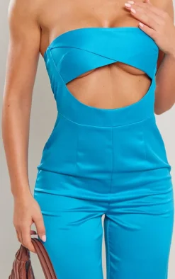 Bright Blue Satin Bandeau Cut Out Wide Leg Jumpsuit