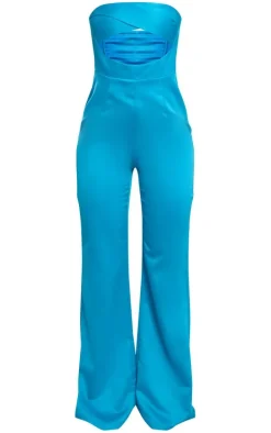 Bright Blue Satin Bandeau Cut Out Wide Leg Jumpsuit