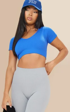 Bright Blue Snatched Rib V Neck Band Short Sleeve Crop Top