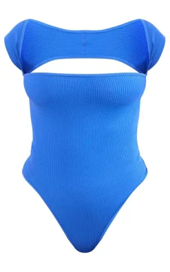 Bright Blue Snatched Rib Cut Out Short Sleeve Bodysuit