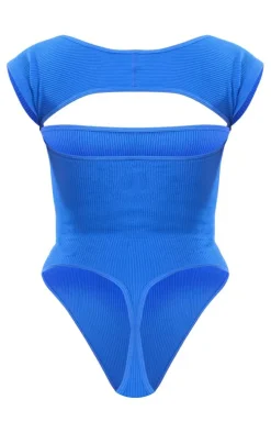 Bright Blue Snatched Rib Cut Out Short Sleeve Bodysuit