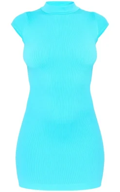 Bright Blue Structured Snatched Rib Cap Sleeve Bodycon Dress