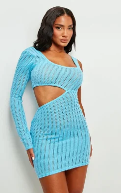 Bright Blue Textured Asymmetric Neckline Cut Out Bodycon Dress