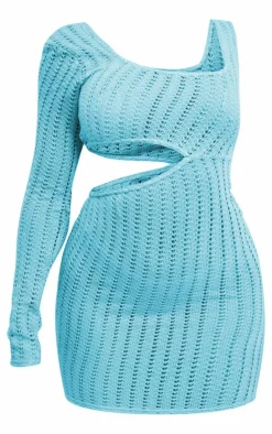 Bright Blue Textured Asymmetric Neckline Cut Out Bodycon Dress